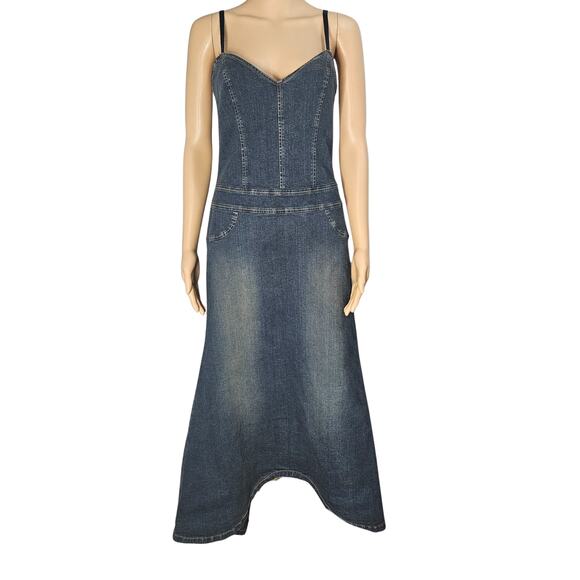 1990s Jean Maxi Stretch Denim Uneven Hemline Lace Up Back Dress Size Large - Picture 1 of 9